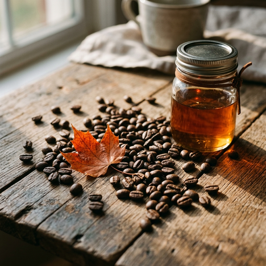 Coffee beans and maple syrup